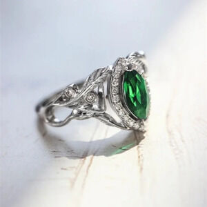 💥 Emerald Marquis Gem Leaf Weave Silver Noble Rings for Women, MARR9098